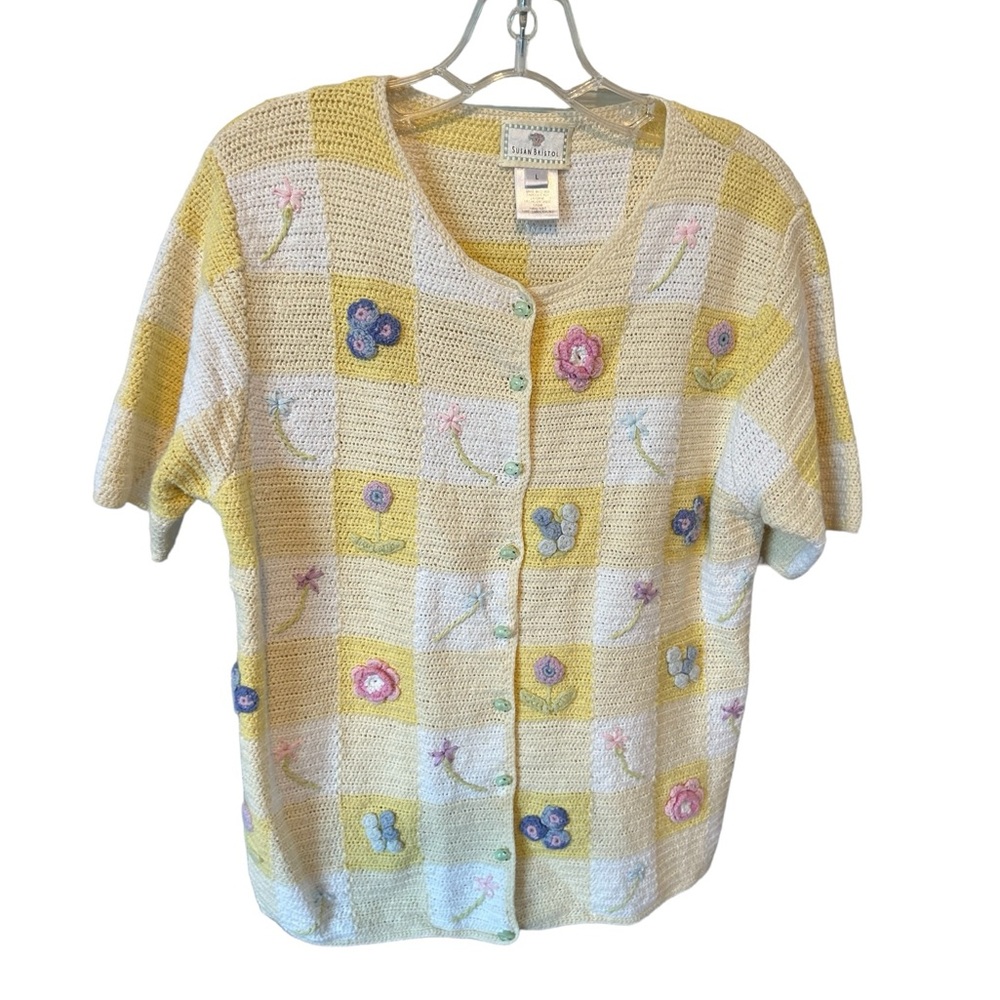 VTG Susan Bristol Short Sleeve Sweater Sz LG Yellow White Spring Floral …